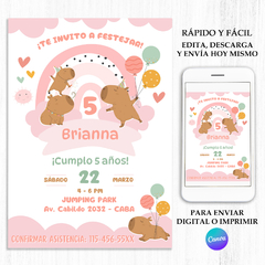 Invitación digital para cumpleaños de niña con capibaras y arcoíris en rosa, Edita y envía hoy mismo a tus invitados.