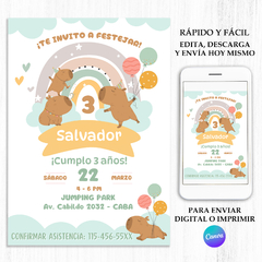 Invitación digital para cumpleaños de niño con capibaras y  arcoíris nordico. Edita los textos y envíalas por whatsapp a tus invitados. 