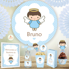 Kit Imprimible Angel Bautismo Nene Varón Banner Fondo Mesa Dulce