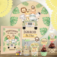 Kit imprimible selva jungla safari + banner circular fondo mesa dulce candybar