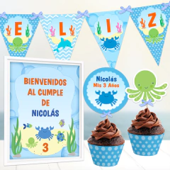 Kit imprimible fondo del mar animalitos decoración cumpleaños