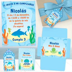 Kit imprimible fondo del mar animalitos tarjetas invitacion whatsapp