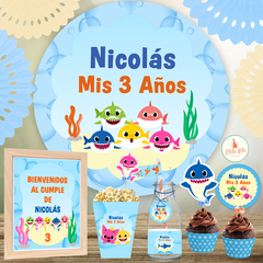 Kit imprimible Baby Shark + Banner Circular Fondo Mesa Dulce Candybar