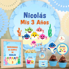 Kit imprimible Baby Shark + Banner Circular Fondo Mesa Dulce Candybar