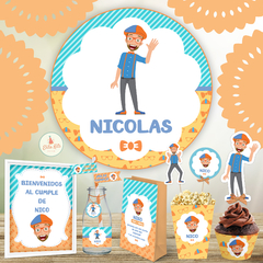 Kit imprimible blippi fiesta de cumpleaños + banner backdrop fondo de mesa dulce