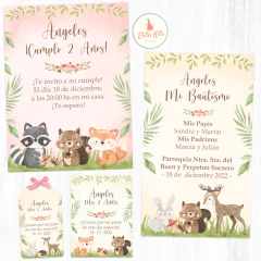 Kit imprimible animalitos del bosque nena tarjetas estampitas de bautismo