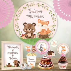 Kit Imprimible bosque encantado nena + Banner Circular Fondo Mesa Dulce Candybar