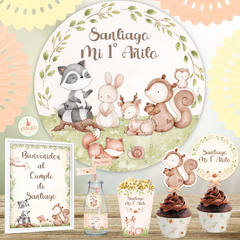 Kit Imprimible Animalitos del Bosque Varón + Banner Circular Fondo Mesa Dulce Candybar