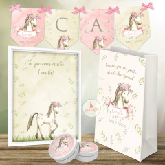Kit imprimible Caballos Flores Nenas + Banner Circular Fondo Mesa Dulce Candybar en internet