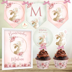 Kit imprimible fiesta cumpleaños conejita con flores niña