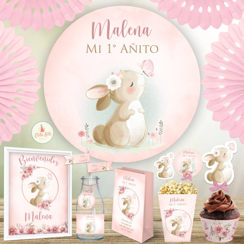 Kit imprimible conejita con flores para niñas en rosa banner circular backdrop