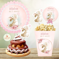 Kit imprimible fiesta cumpleaños conejita rosa con flores y mariposa