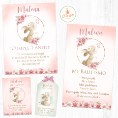 Invitacion digital de conejita con flores para fiesta de cumpleaños para niñas