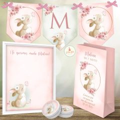 Kit imprimible fiesta cumpleaños conejita niña rosa con flores y mariposa