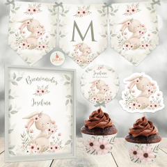 Kit imprimible Conejita Acuarelas decoración cumpleaños, bautismo, baby shower de nena niña ¡Lo recibes personalizado y listo para imprimir!