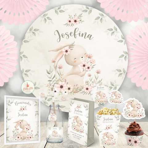 Banner circular fondo de fiesta conejita acuarelas flores. Imprimible.