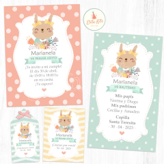 kit imprimible coneja conejita flores decoracion bautismo nena estampitas