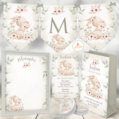 Kit imprimible Conejita Acuarelas decoración cumpleaños, bautismo, baby shower de nena niña ¡Lo recibes personalizado y listo para imprimir!