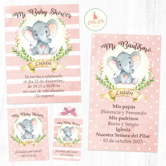 Kit Imprimible Elefante Acuarelas Nena rosa estampitas de recuerdo