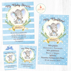 Kit Imprimible Elefante Acuarelas azul estampitas de recuerdo