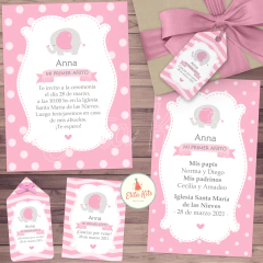 Kit imprimible Elefante Corazón Nena Estampitas Bautismo
