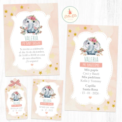 kit imprimible elefantita estampitas de bautismo nena