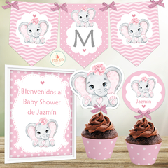 Kit imprimible elefantita bebe rosa decoracion baby shower nena