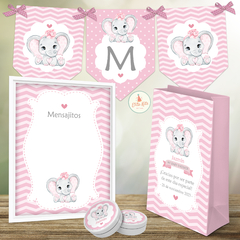 Kit imprimible elefantita bebe rosa decoracion baby shower nena
