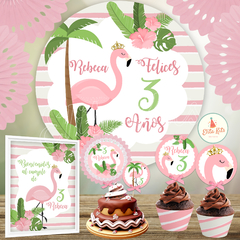 Kit Imprimible Flamencos + Banner Circular Fondo Mesa Dulce Candybar