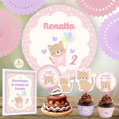 Kit imprimible Gatita + Banner Fondo Mesa Dulce