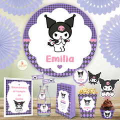 Kit imprimible de Kuromi con banner circular y decoración completa de cumpleaños 