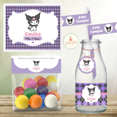 Kit imprimible de Kuromi con decoraciones para cumpleaños, incluye decoración de la fiesta + tarjetas + invitacion digital + candybar