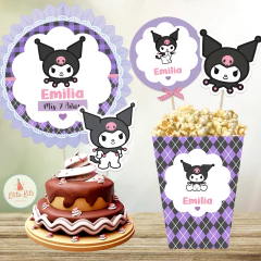 Kit imprimible de Kuromi con decoraciones para cumpleaños, incluye decoración de la fiesta + tarjetas + invitacion digital + candybar