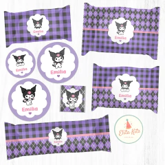 Kit imprimible de Kuromi con decoraciones para cumpleaños, incluye decoración de la fiesta + tarjetas + invitacion digital + candybar