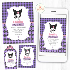 Kit imprimible de Kuromi con decoraciones para cumpleaños, incluye decoración de la fiesta + tarjetas + invitacion digital + candybar
