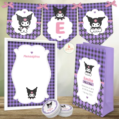 Kit imprimible de Kuromi con decoraciones para cumpleaños, incluye decoración de la fiesta + tarjetas + invitacion digital + candybar