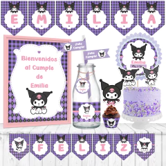 Kit imprimible de Kuromi con decoraciones para cumpleaños, incluye decoración de la fiesta + tarjetas + invitacion digital + candybar