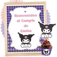 Kit imprimible de Kuromi con decoraciones para cumpleaños, incluye decoración de la fiesta + tarjetas + invitacion digital + candybar