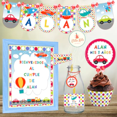 Kit imprimible Medios de Transporte + Banner Circular Fondo Mesa Dulce Candybar