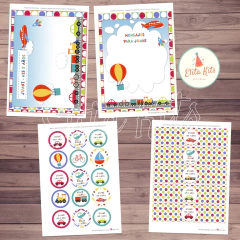 Kit imprimible Medios de Transporte + Banner Circular Fondo Mesa Dulce Candybar