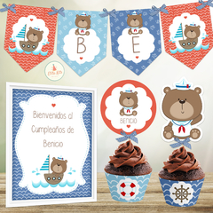 Kit Imprimible Ositos Marineros decoración cumpleaños nene varón