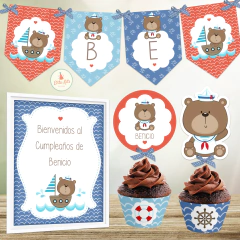 Kit Imprimible Ositos Marineros decoración cumpleaños nene varón