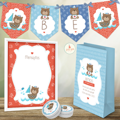 Kit Imprimible Ositos Marineros decoración souvenirs bolsita