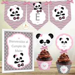 Kit Imprimible Osito Panda Nena Gris Rosa + Banner Circular Fondo Mesa Dulce en internet