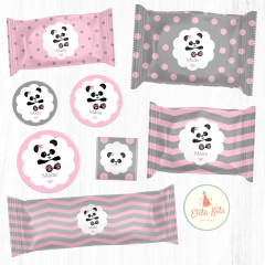 Imagen de Kit Imprimible Osito Panda Nena Gris Rosa + Banner Circular Fondo Mesa Dulce