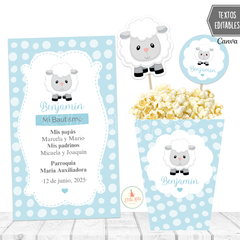 Kit imprimible ovejita celeste para varón, niño. Ideal para cumpleaños, bautismo o baby shower. Viene super completo y con textos personalizables en CANVA. 