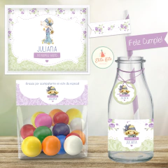 Kit Imprimible Sarah Kay decoración cumpleaños botellitas