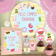 Kit imprimible Verano Pileta Frutas + Banner Circular Fondo Mesa Dulce Candybar