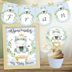 Kit imprimible hipopótamo nene varón, 1 Añito Bautismo Baby Shower