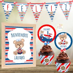 Kit imprimible osito marinero 1 añito bautismo baby shower nene varón